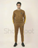 Brown tracksuit with yellow stripes