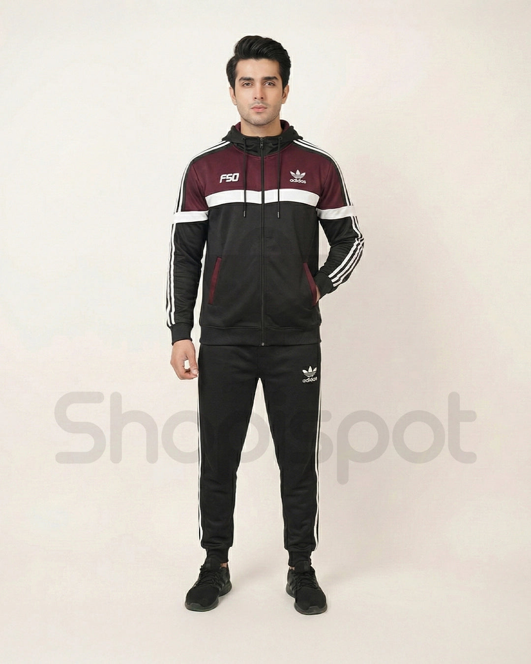 Black and maroon tracksuit with Adidas logo