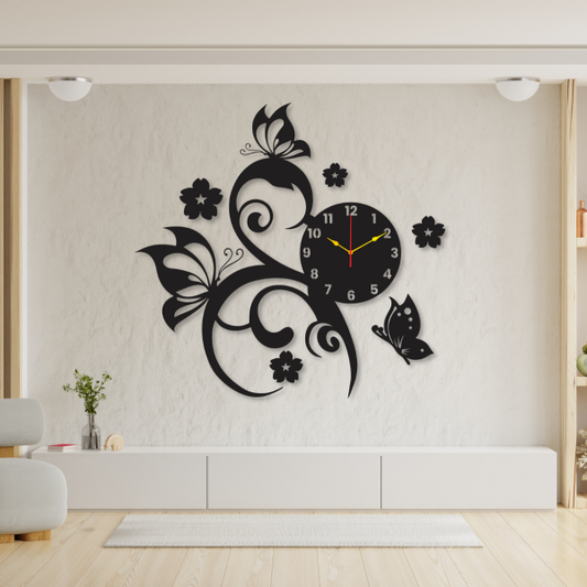 3D Beautiful Butterflies and Flowers Wooden Wall Clock for Living Room & Office Decor