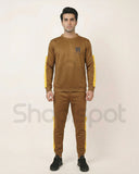 Brown tracksuit with yellow stripes