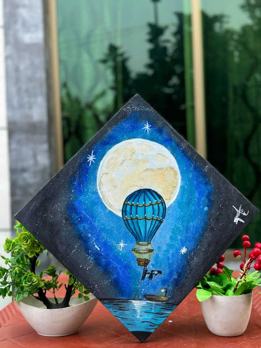 Blue Night with Hot Air Balloon (12 X 12 dimensional Handmade Painting for Home Decor)