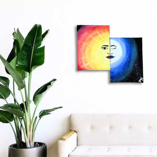 Set of 2 A4 Handmade Sun and Moon Paintings - Perfect for Home Decoration