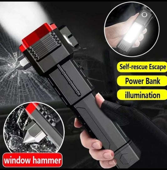 Rechargeable High-Power LED Torch with Tactical Hammer & Power Bank (Random Color)